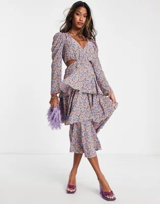 Topshop cut out side tiered ditsy midi dress in multi | ASOS (Global)