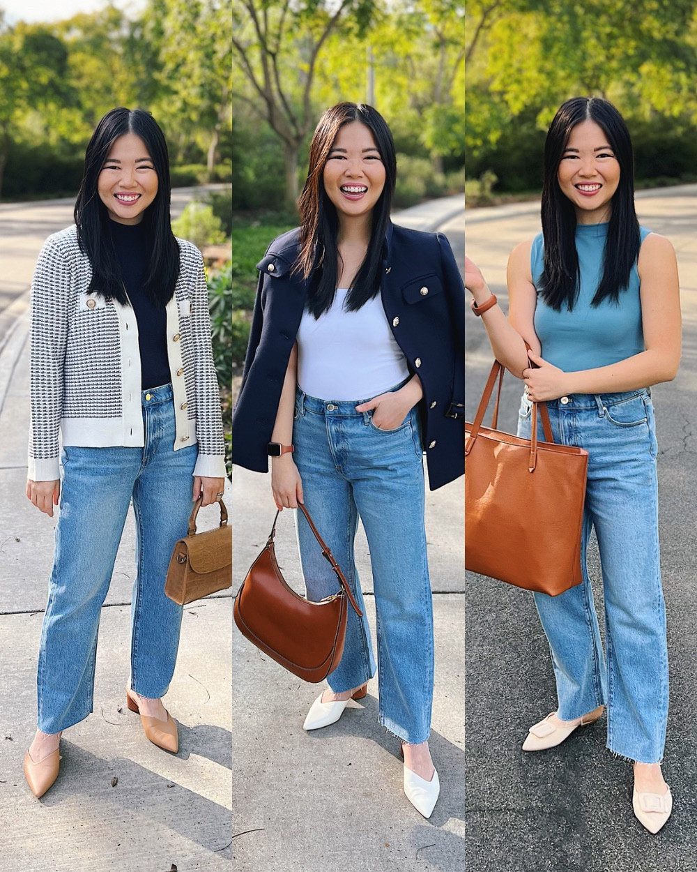 Three ways to wear high waisted straight jeans

Textured cardigan (XS)
Navy mock neck tank (XS)
High waisted straight jeans (4S)
Brown bag
Tan pumps (1/2 size up)

Navy jacket (XSP)
White tank top (XS)
Brown crescent bag
White pumps (1/2 size up)

Blue sleeveless top (XS)
Brown tote bag
Mule flats

#LTKstyletip #LTKworkwear #LTKsalealert