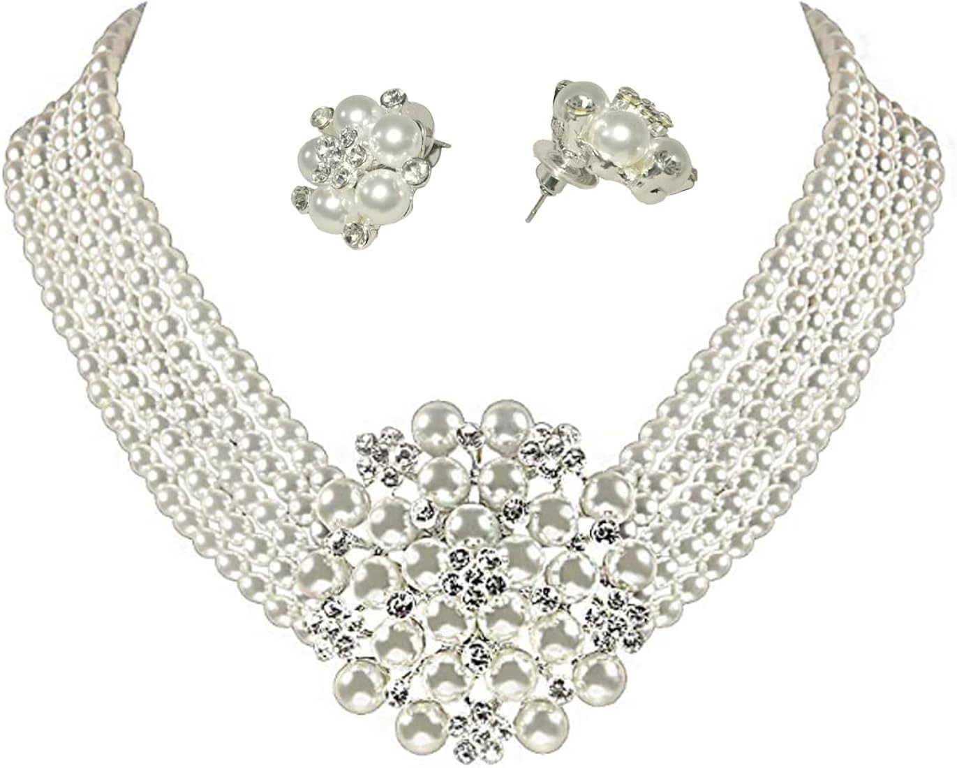 ROFIFY Audrey Hepburn Style Faux Pearl Necklace Set Strand Ear clip or Stud Pin on Earrings for s... | Amazon (US)