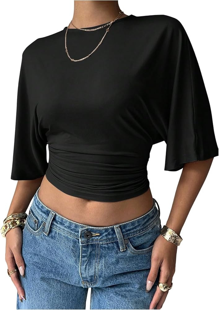 Verdusa Women's Half Sleeve Cinched Waist Tops Ruched Crew Neck T Shirts Going Out Crop Tops | Amazon (US)