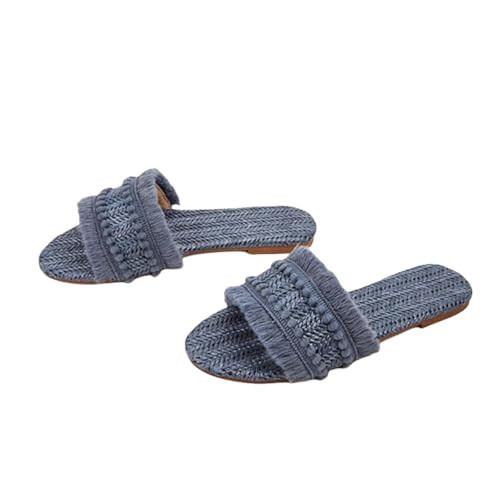 Women's Raffia Sandals Woven Flats Comfy Beach Slides for Summer Slide Sandal Beach Women Flat Sandals (Blue,7.5-8) | Amazon (US)
