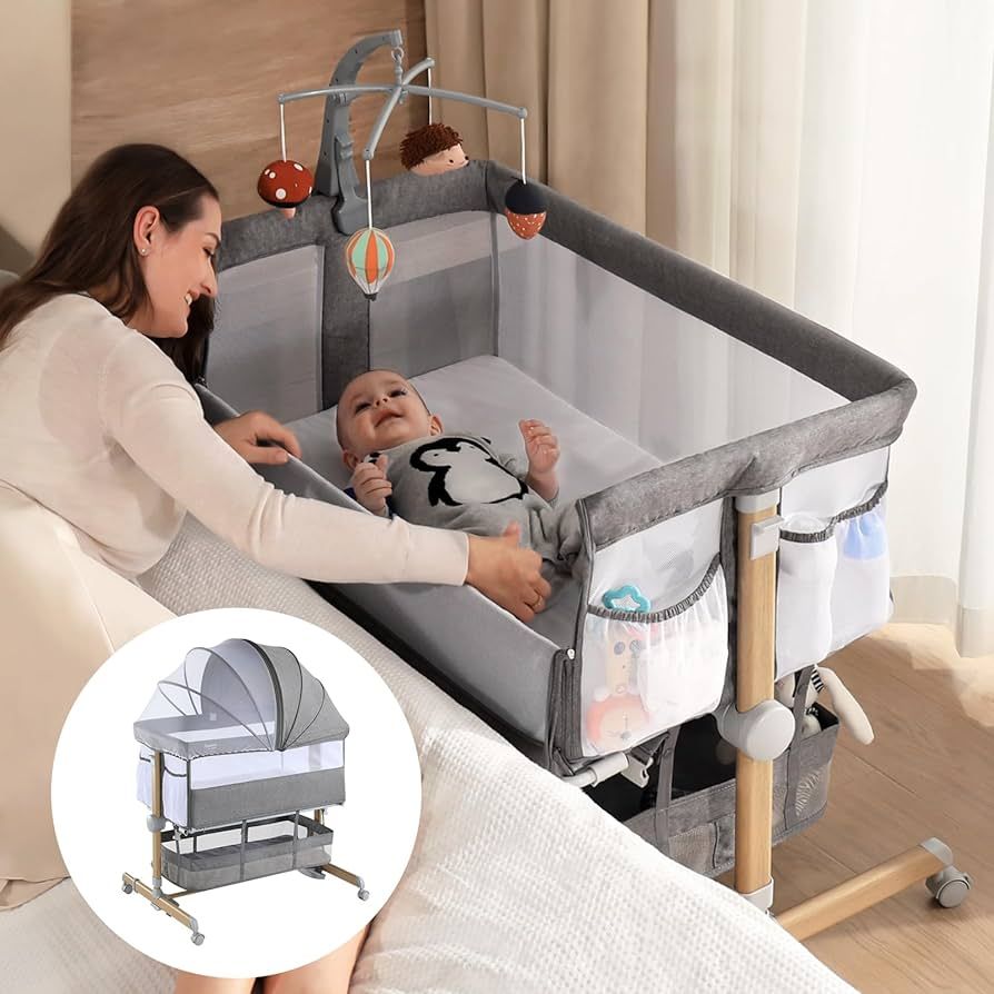 besrey 3 in 1 Baby Bassinet Bedside Sleeper, Bassinet Crib with Mobile Toy Hanger, Baby Cradle fo... | Amazon (US)