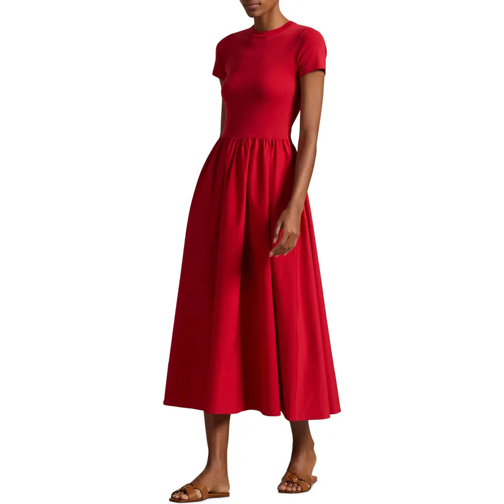 Polo Ralph Lauren Short Sleeve Cotton Midi Dress in Red at Nordstrom, Size Small | Nordstrom