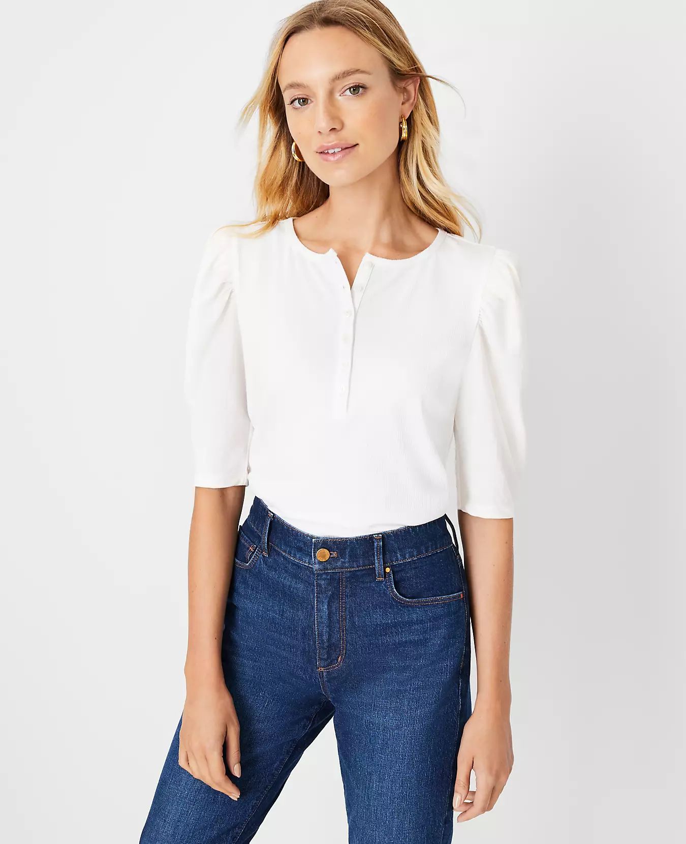 Petite Ribbed Button Front Puff Sleeve Tee | Ann Taylor (US)