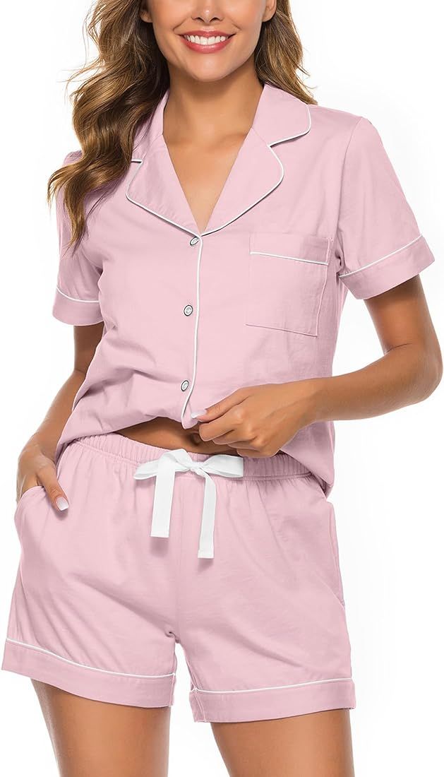 Womens Pajamas Set 100% Cotton Soft Short Sleeve Sleepwear Button Down Nightwear Summer Pj Sets S... | Amazon (US)