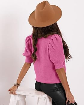 Women's Puff Short Sleeve Sweater Tops 2024 Spring Summer Trendy Crew/Square/V Neck Casual T Shir... | Amazon (US)