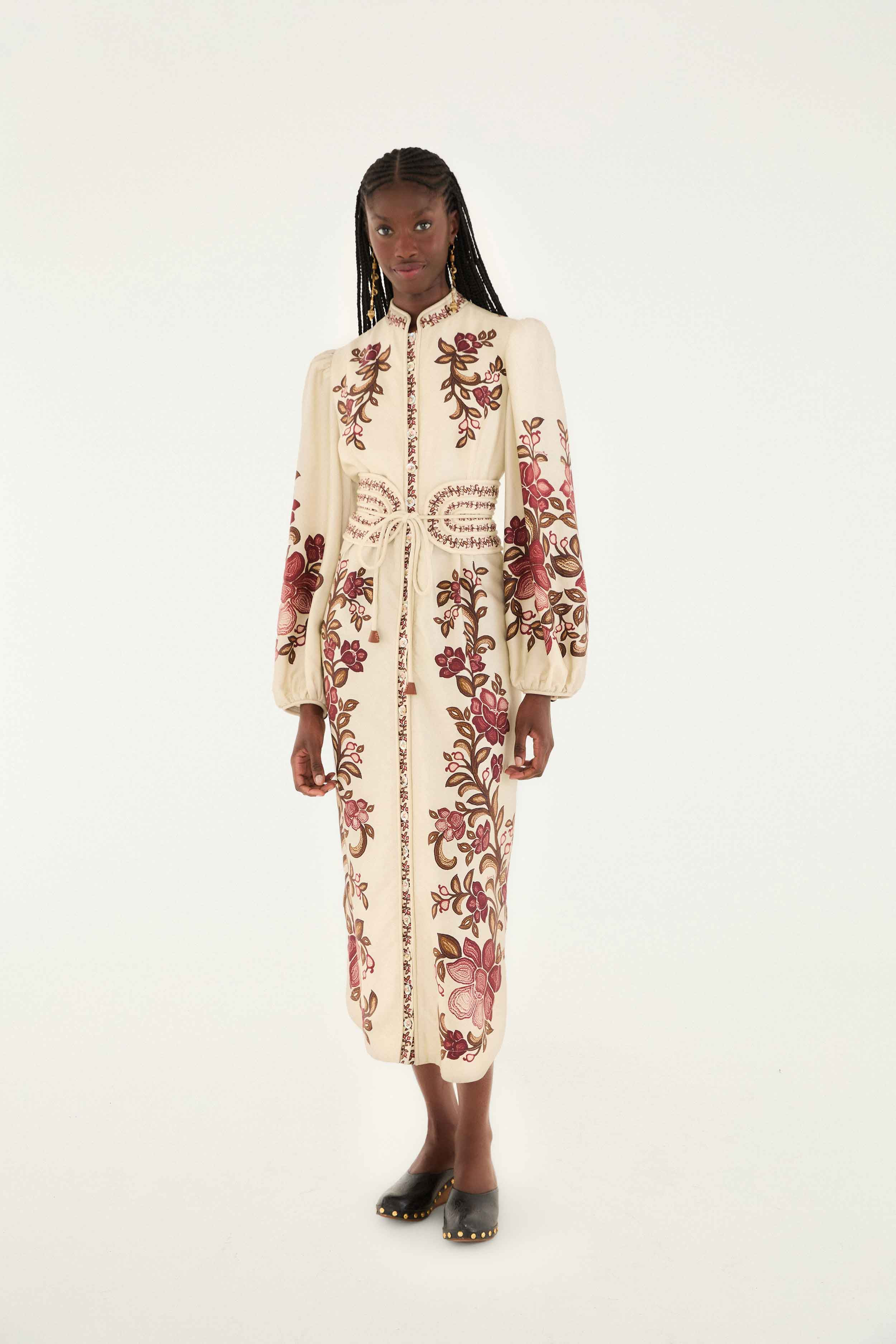 Sand Renata Floral Long Sleeve Midi Dress | FARM Rio | Farm Rio UK