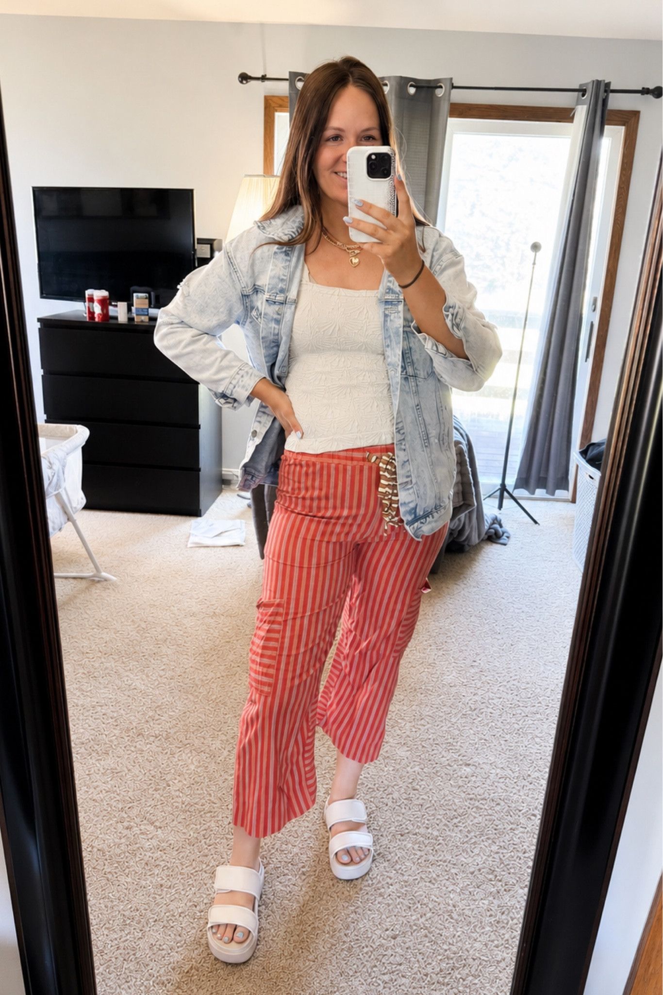 Postpartum comfy outfit  🤍 Loose striped pants + oversized denim = the easiest summer mom fit.

#LTKootd #LTKMothersDay #LTKmomlife