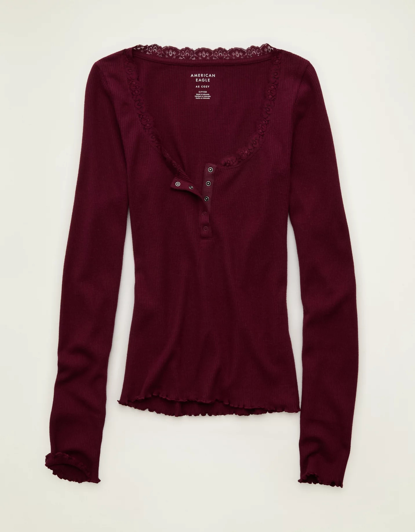 30-50% off AE & Aerie New + Bestseller AE Cozy Waffle Lace Trim Henley T-Shirt | American Eagle Outfitters (US & CA)