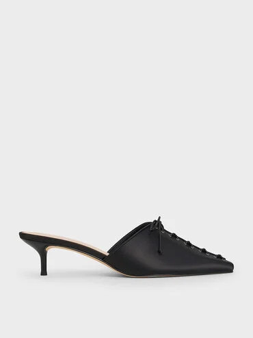 Black Textured Satin Lace-Up Pointed-Toe Kitten-Heel Mules | CHARLES & KEITH UK | Charles & Keith UK