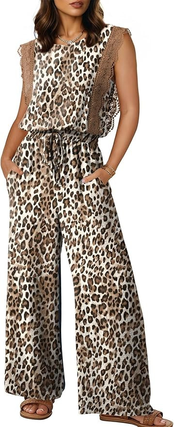 Dokotoo Womens Jumpsuits Crewneck Lace Cap Sleeve Drawstring High Waist Wide Leg Casual Rompers w... | Amazon (US)