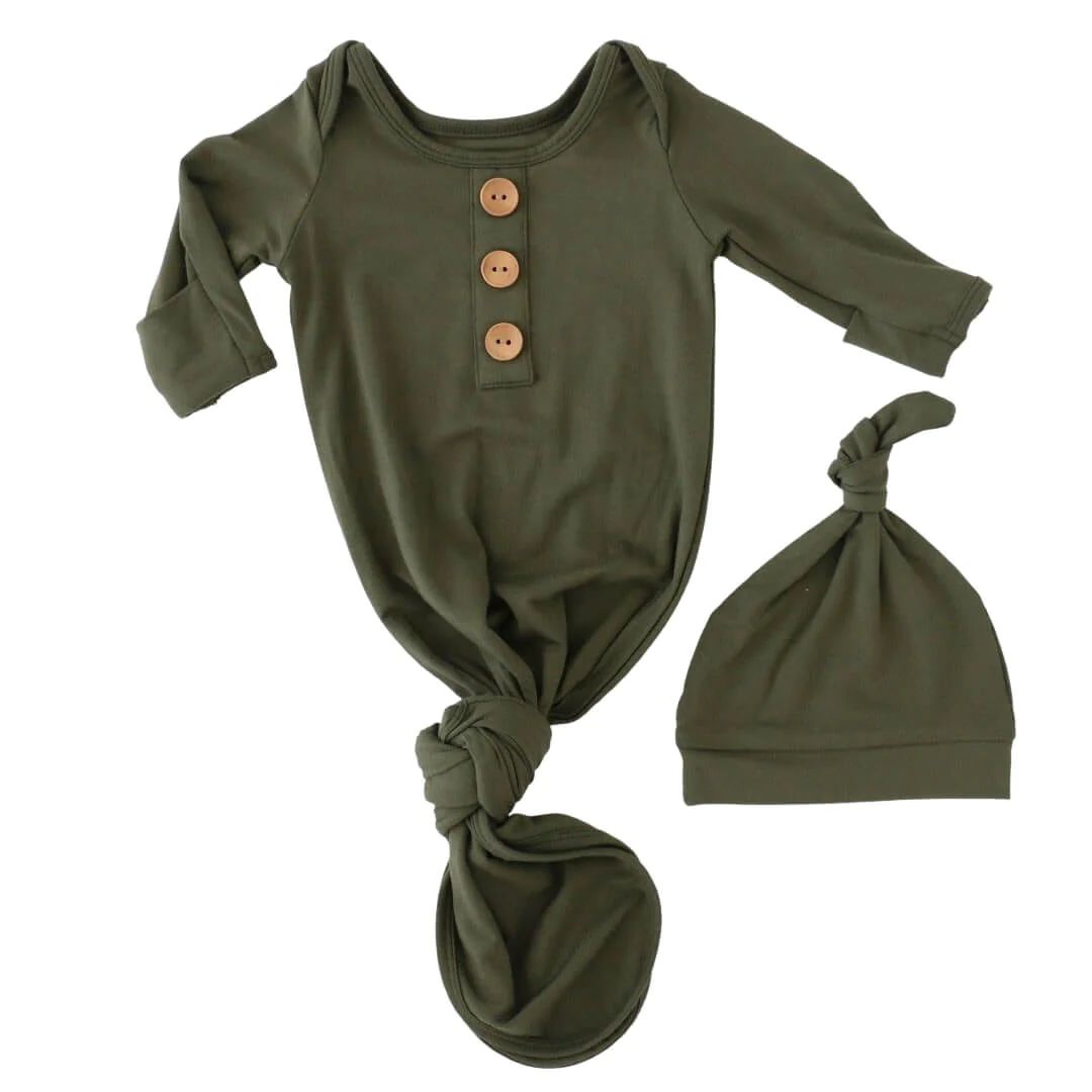 Solid Olive Bamboo Baby Knot Gown & Hat | Caden Lane