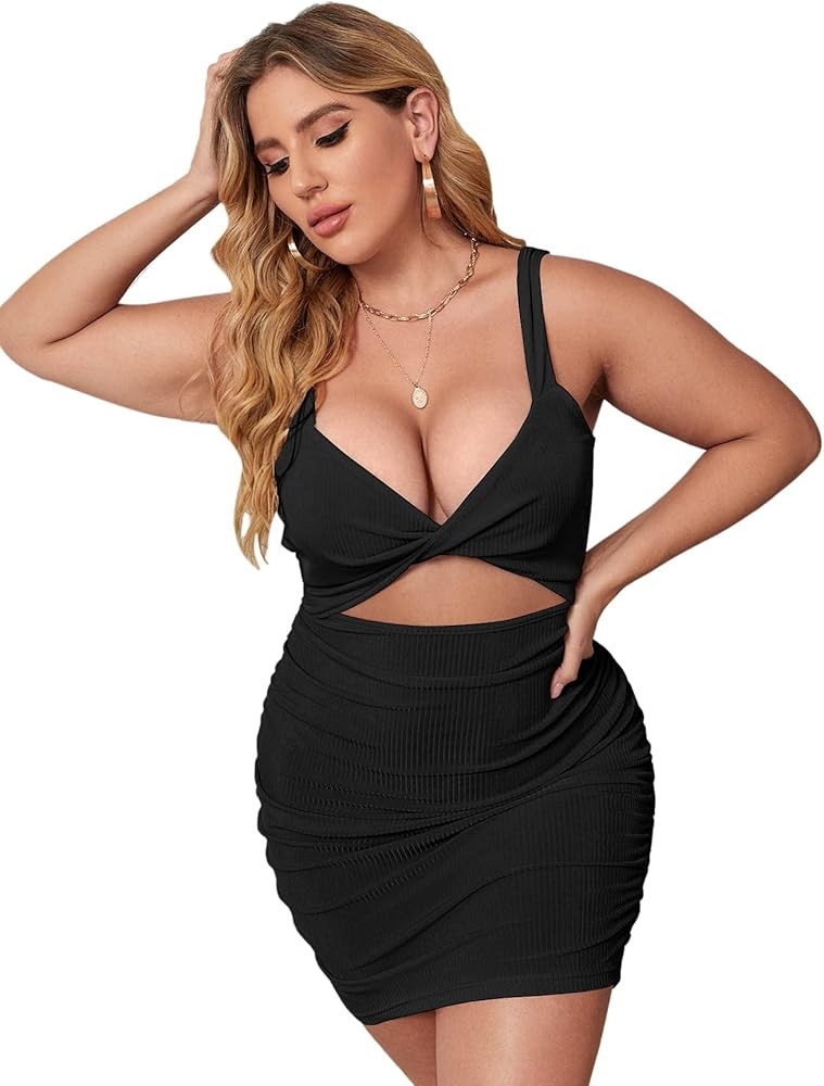 Romwe Women's Plus Twist Front Cut Out Deep V Neck Ruched Cami Bodycon Dress | Amazon (US)