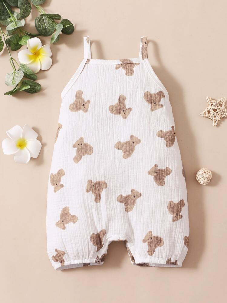 Baby Bear Print Textured Cami Romper | SHEIN