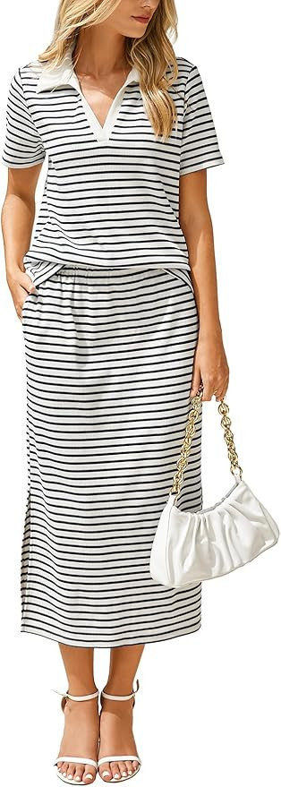 Glamaker Womens Skirt Sets 2 Piece Outfits 2025 Summer Casual Striped Short Sleeve Skirt And Top ... | Amazon (US)