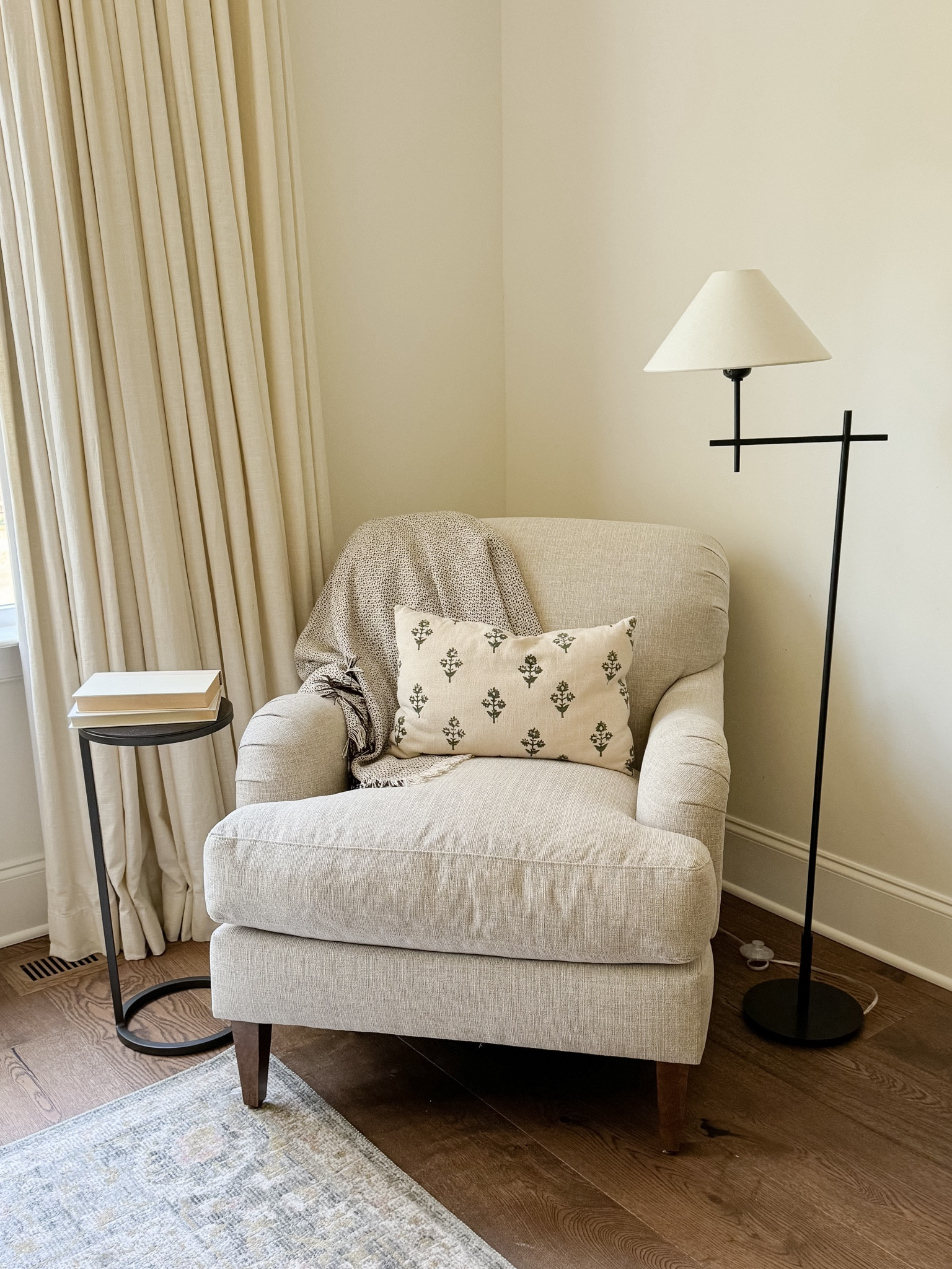 Cozy reading corner. Primary bedroom. Accent chair. Upholstered chair. Bedroom chair. Transitional decor. Home decor. Floor lamp. Reading lamp. Accent table. Side table. English roll arm.

#LTKHome