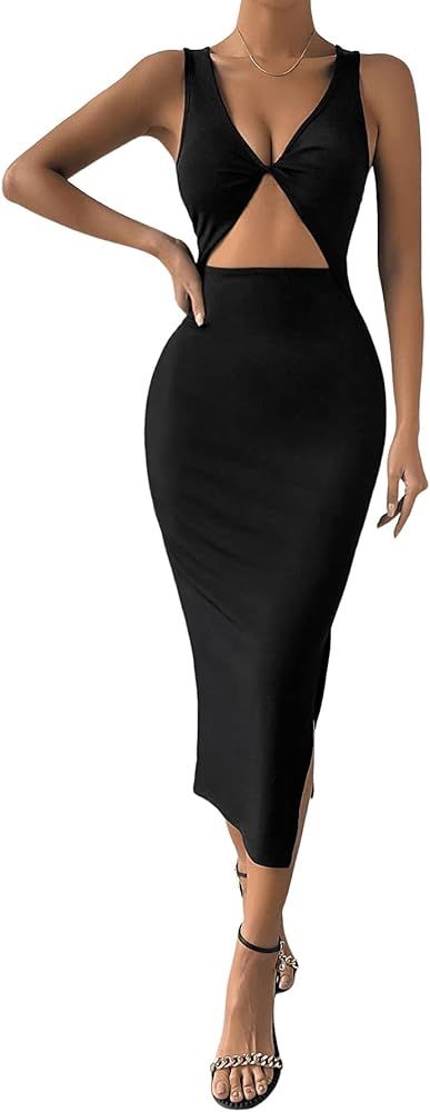 Verdusa Women's Cut Out Twist Front Split Thigh Deep V Neck Midi Bodycon Tank Dress | Amazon (US)