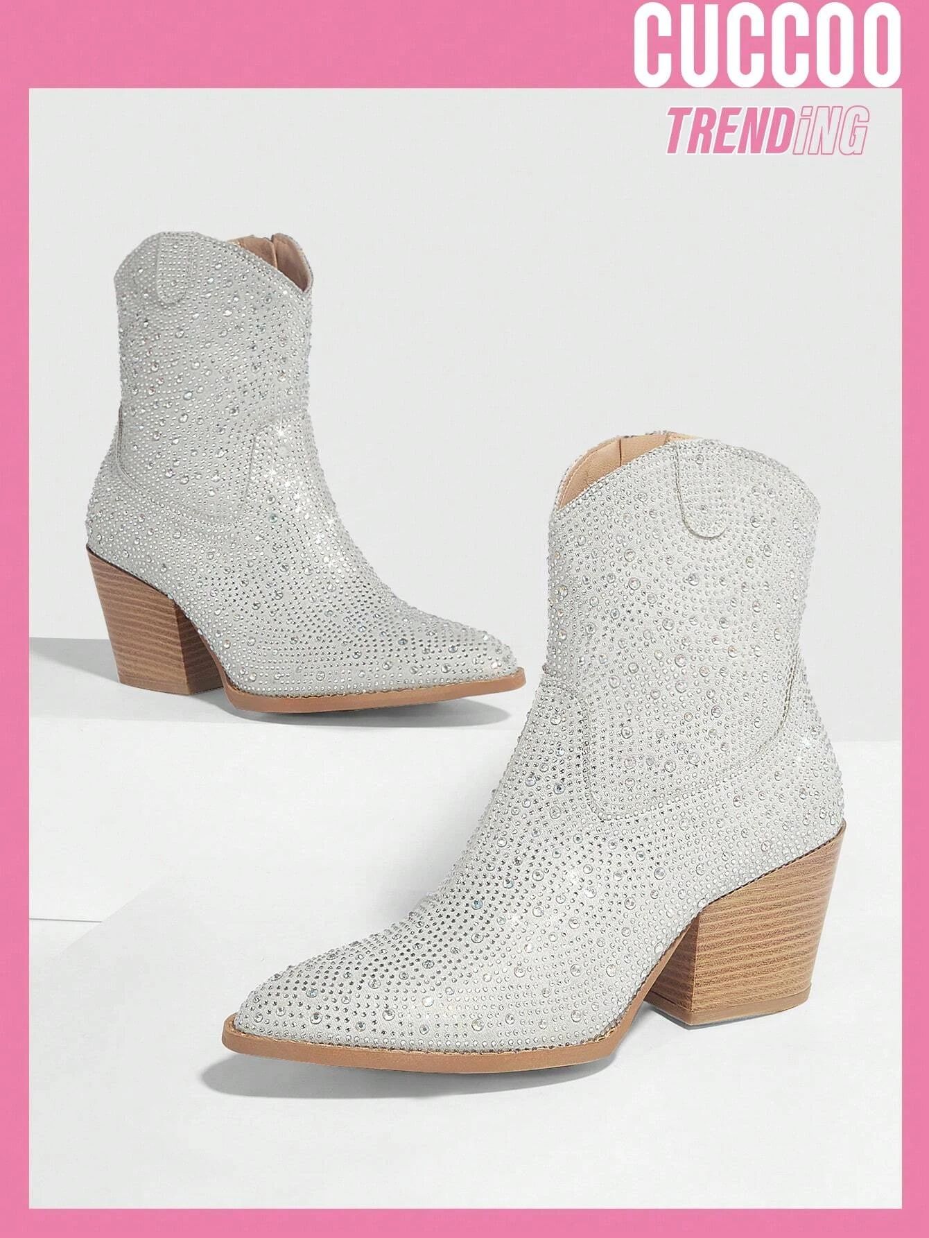 Cuccoo Party Collection Rhinestone Decor Chunky Heeled Western Boots | SHEIN