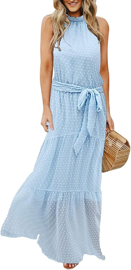 Women’s Casual Halter Neck Sleeveless Floral Long Maxi Dress Backless Loose Ruffle Sundress wit... | Amazon (US)