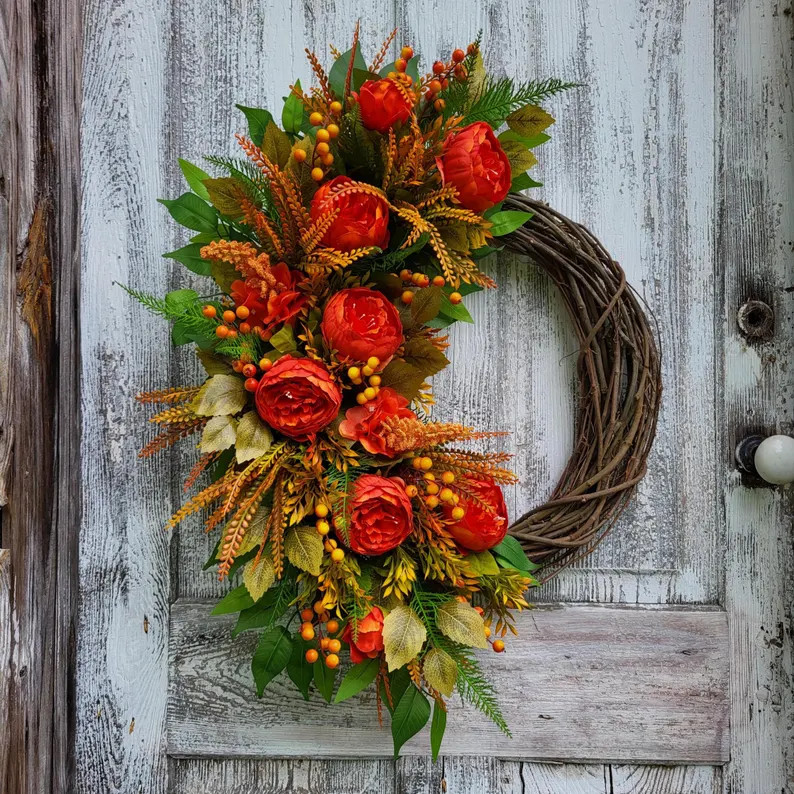Orange Fall Peony and Berry Wreath for Front Door, Autumn Grapevine Wreath, Fall Door Decor - Ets... | Etsy (Global)
