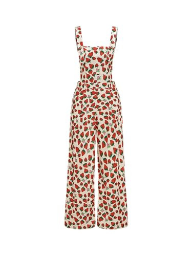 CIDER Women's Woven Strawberry Print Wide Leg Jumpsuit: Beige, Medium | Amazon (US)
