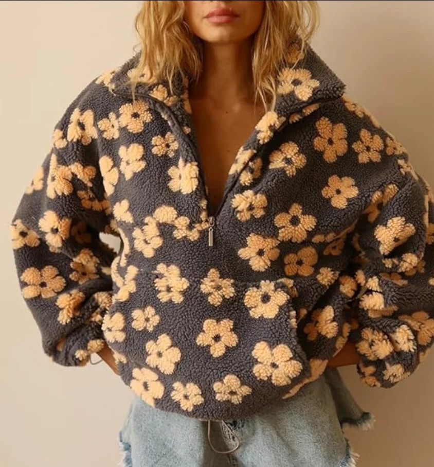 Women's Fall Cute Floral Faux Fur Pullover Fleece Sweatshirt Casual Zip Up Winter Sherpa Jacket | Walmart (US)