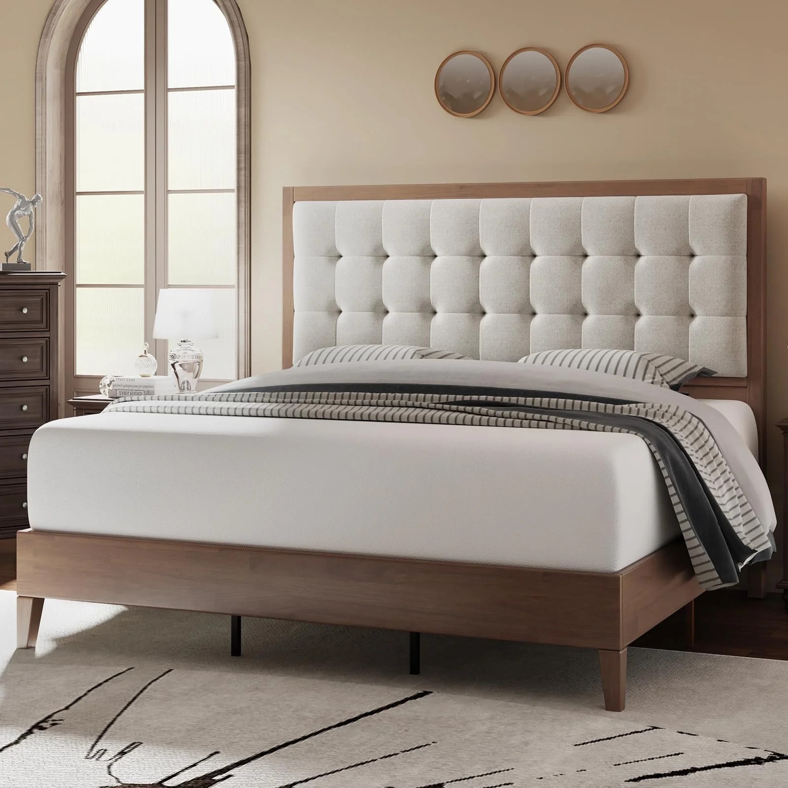 MERLUXY Solid Wood Platform Bed Frame Upholstered Tufted Headboard,Walnut,Full - Walmart.com | Walmart (US)