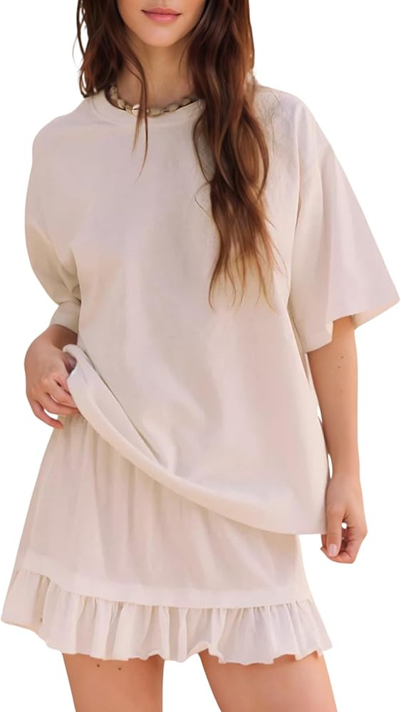 Esmeling Women Summer 2 Piece Skirt Sets Round Neck Short Sleeve Outfits Casual Tops and Pleated ... | Amazon (US)