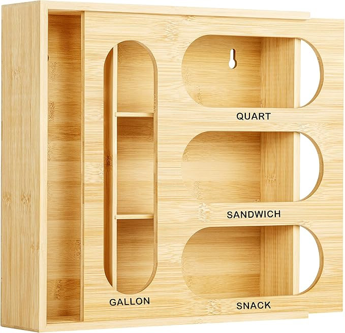 WAVAW Ziplock Bag Storage Organizer and Dispenser for Kitchen Drawer, Bamboo Food Storage Bag Hol... | Amazon (US)