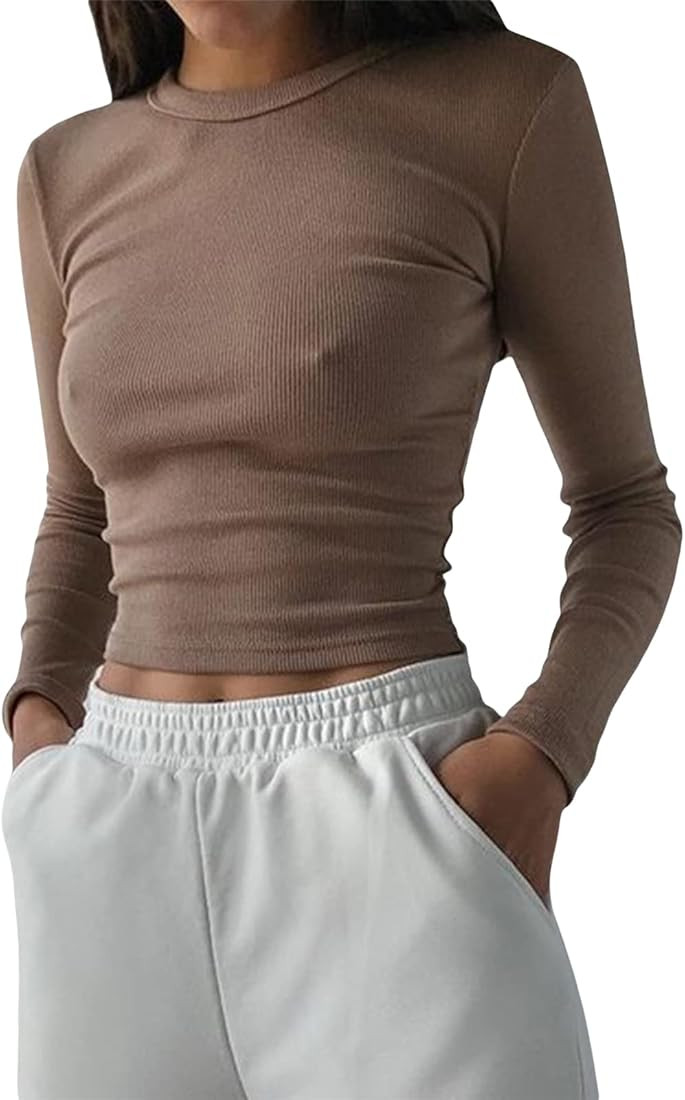 Women Y2k Long Sleeve Ribbed Slim Fit Crop Top Casual Crew Neck Basic Blouse Pullover Streetwear | Amazon (US)