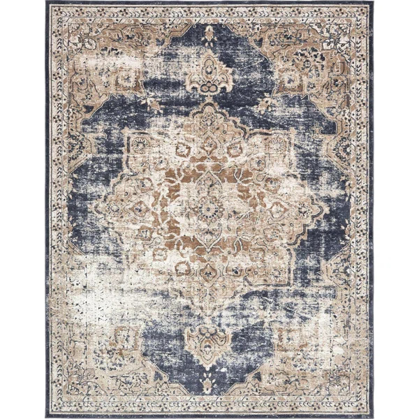 Landes Oriental Dark Blue/Beige Area Rug | Wayfair North America