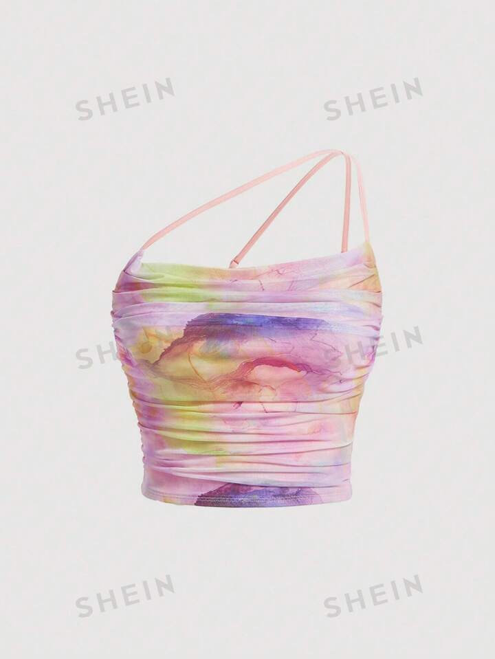 SHEIN MOD Top Batik, einer Schulter frei, Rüschen, Mesh | SHEIN