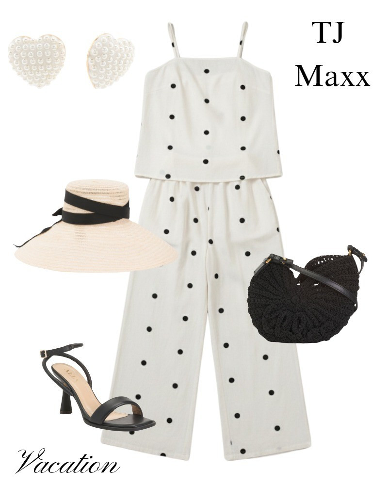 Vacation outfit idea, polka dot set, pants, tank top, sun hat, heart pearl earrings, black heels, chloe purse, tj maxx sale.

#LTKTravel #LTKSaleAlert