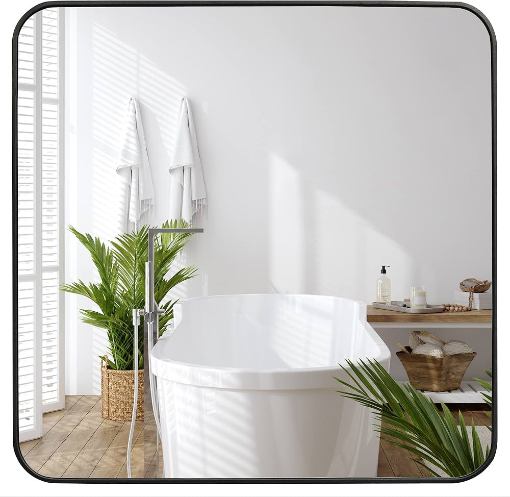Americanflat Framed 32" Square Black Mirror with Rounded Corners - Modern Wall Mirror for Bathroo... | Amazon (US)