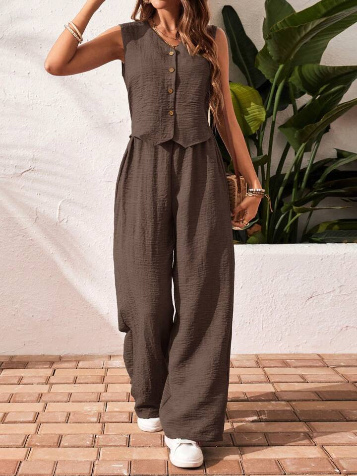 SHEIN Frenchy 2pcs Vacation Casual Solid Color Tank Top And Pants Set | SHEIN