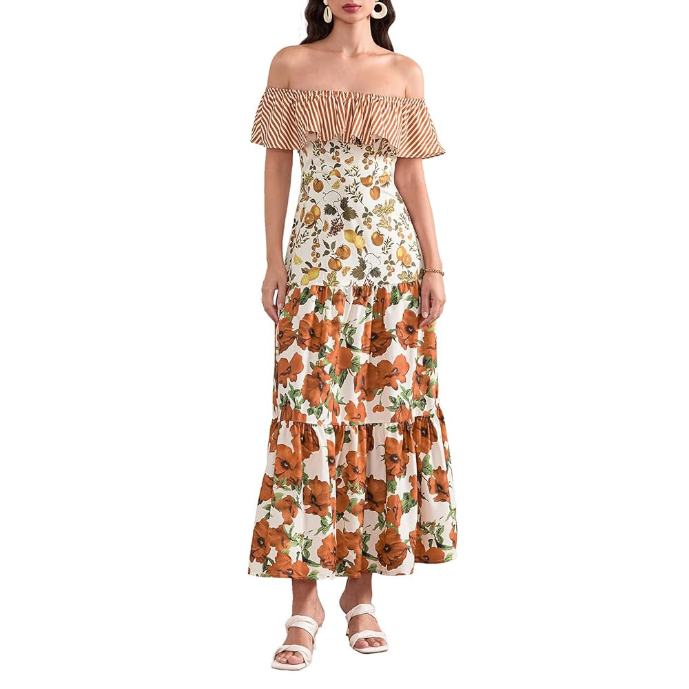 Woman Summer Floral Off Shoulder Long Dress Elastic Ruffled Short Sleeves Maxi Dresses Slim Fit S... | Amazon (US)