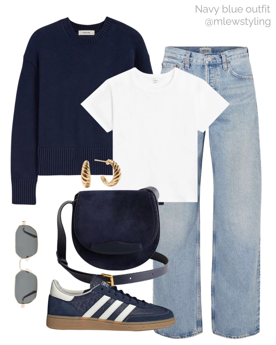 Navy blue everyday spring outfit 💙

Tags: everlane crewneck sweater, leset white t-shirt, agolde wide leg jeans, Quince blue suede bag, adidas Spezial sneakers, Shopbop sunglasses, capsule wardrobe, neutral aesthetic, weekend look

#LTKootd #LTKgrwm #LTKSeasonal