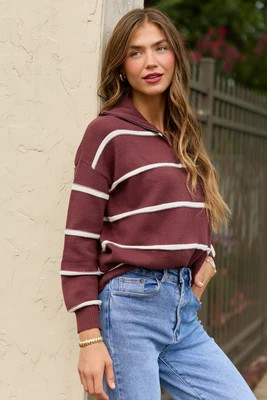 Sunday Stripe Club Chocolate And Ivory Quarter Zip | Pink Lily