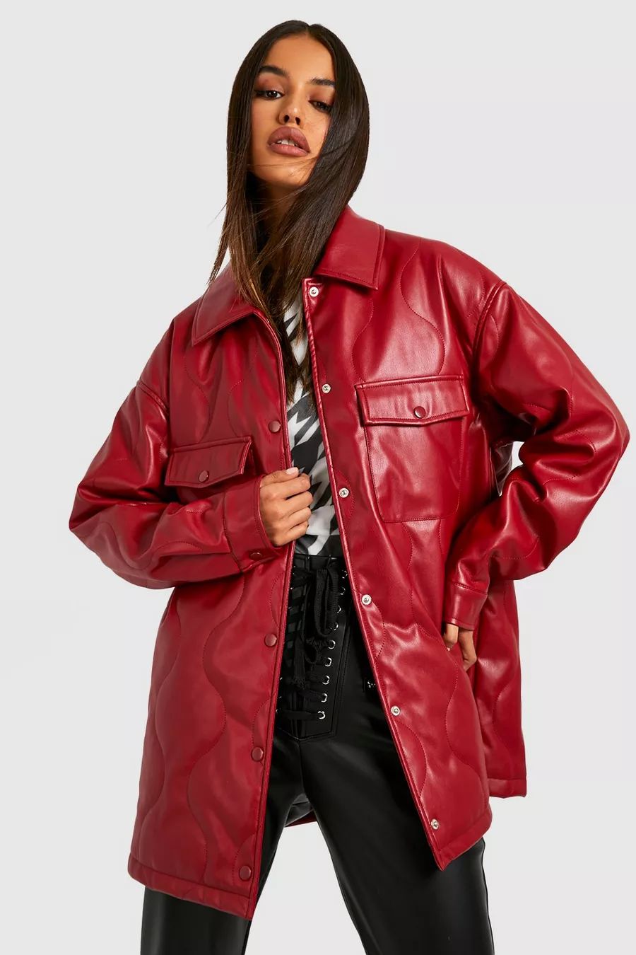 Faux Leather Pocket Detail Quilted Shacket | Boohoo.com (US & CA)