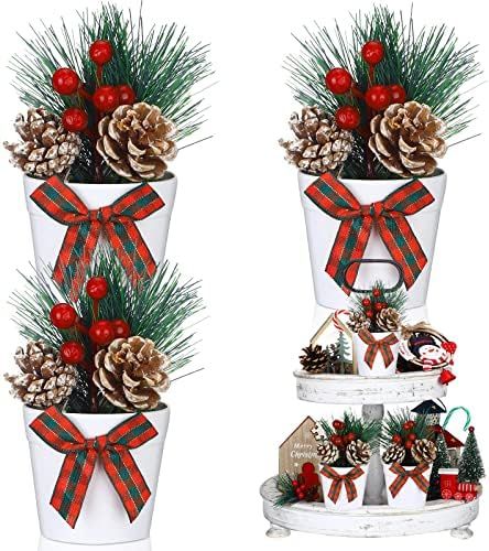 3 Set Christmas Tiered Tray Decor Mini Potted Artifical Pinecones Pine Needles Decor Red Berry Stick | Amazon (US)