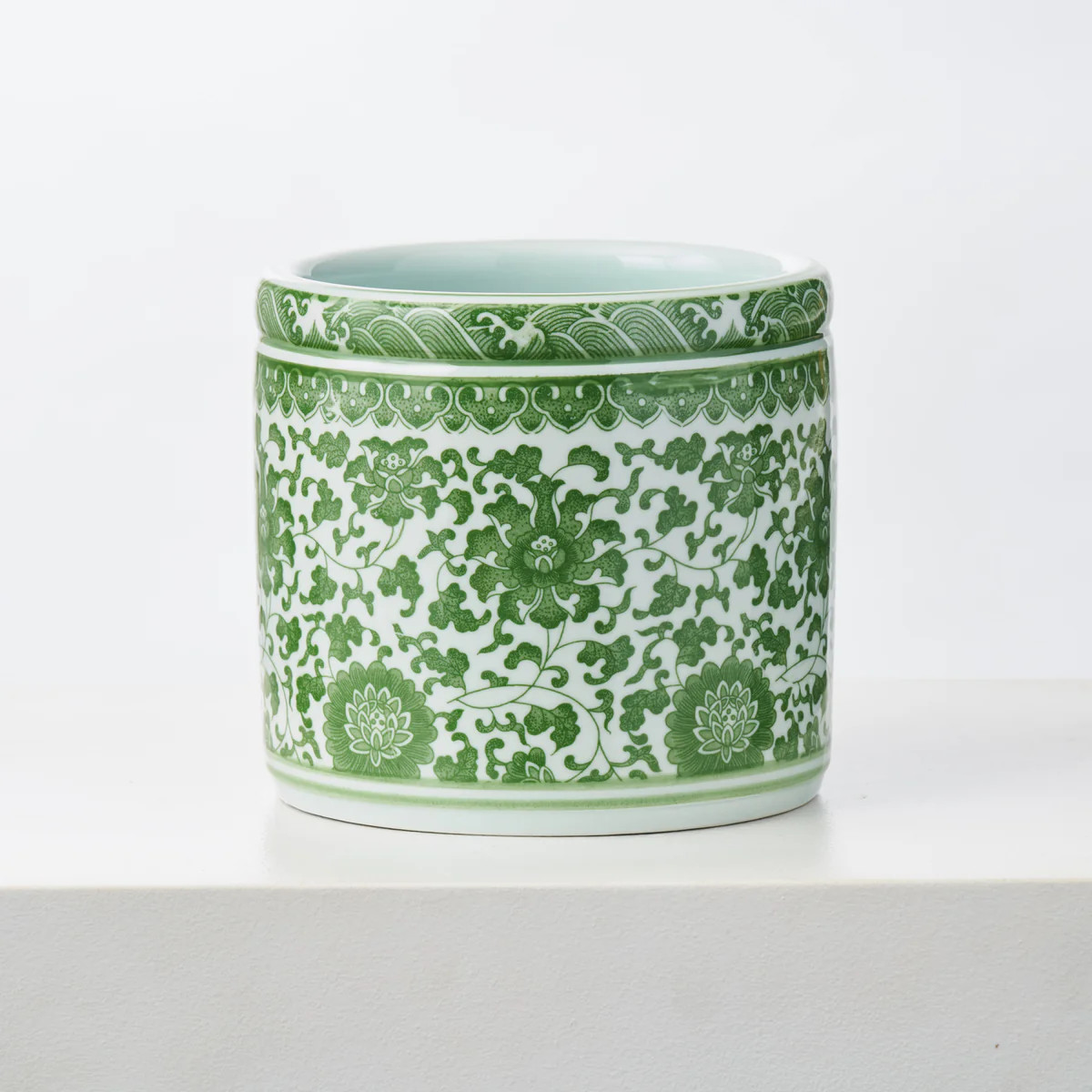 Green & White Floral Painted Chinoiserie Pot Round Ceramic Succulent Planter | Darby Creek Trading