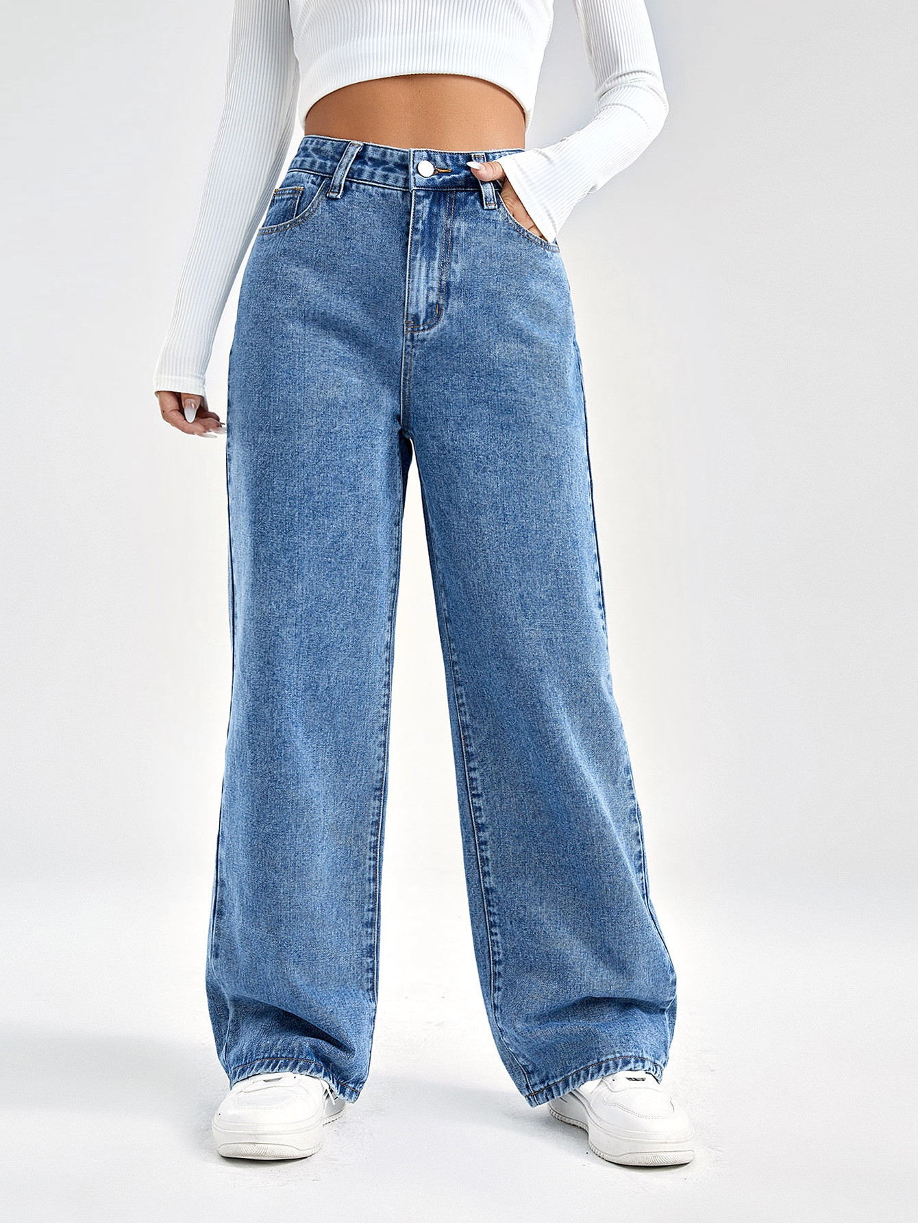 SHEIN EZwear Slant Pocket High Waist Boyfriend Jeans | SHEIN
