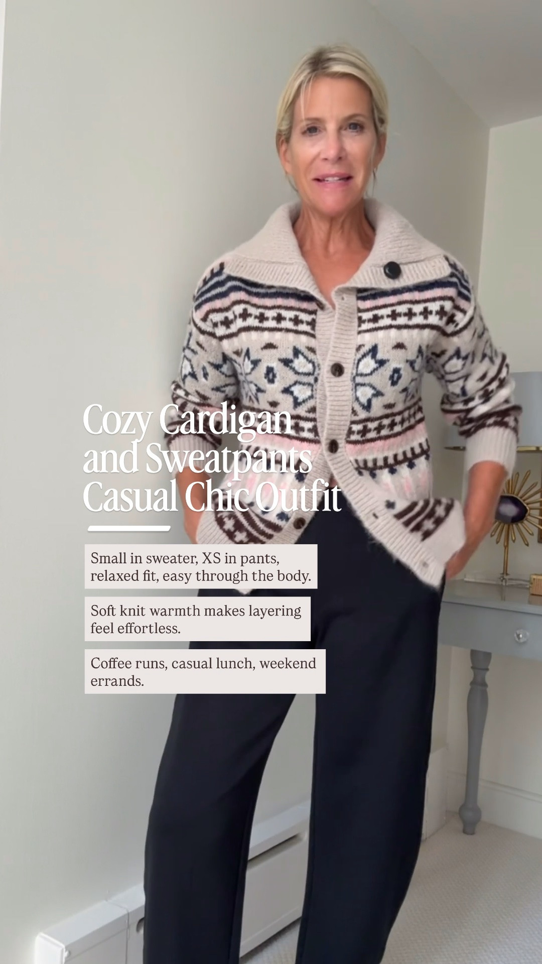 I love an outfit that feels comfortable but still looks pulled together. A sweater can easily feel bulky or too casual, especially when paired with relaxed pants.

This patterned cardigan adds enough detail to make simple sweatpants look intentional, while the relaxed fit keeps everything comfortable.

👩‍💻 LTK PRO TIPS
❤️ Heart = Support my posts ;-)
🔖 Save = Get sale & restock alerts for the things you love!
📋 Lists = Keep favorites organized (List ideas: Christmas, Birthdays, and Vacations!)
📲 Share = Send lists and products to a friend (or your daughters like me).
💬 Comment = Ask me anything, and I’ll answer. ;-)

#LTKootd #LTKSeasonal #LTKOver40