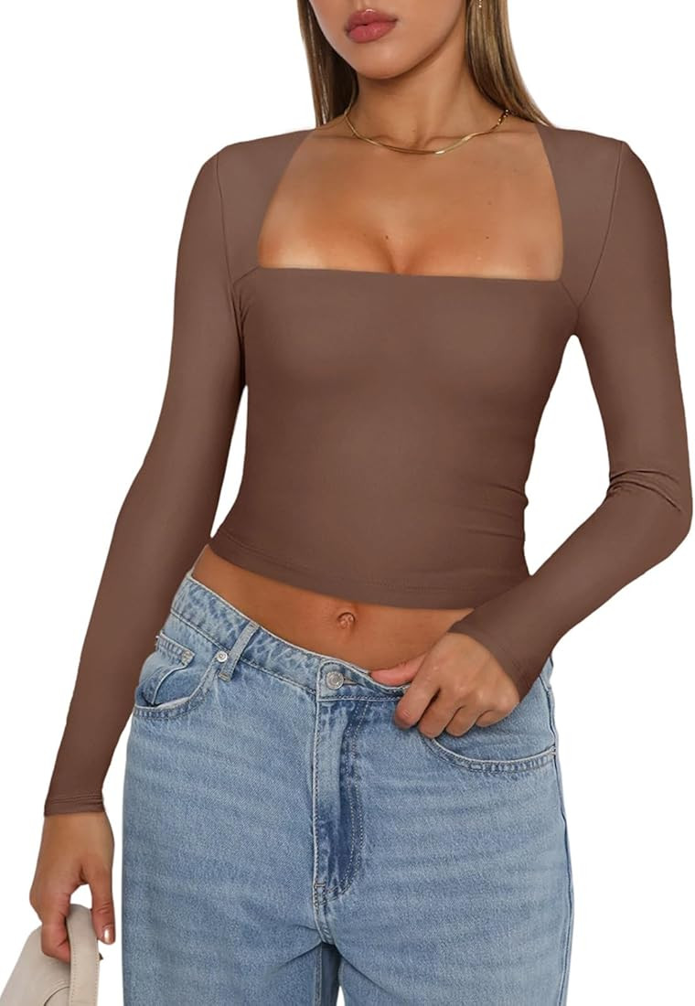 REORIA Women's Sexy Square Neck Long Sleeve Y2K Going Out T Shirt Crop Top | Amazon (US)