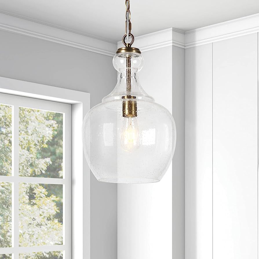 Henn&Hart 11" Wide Pendant with Glass Shade in Brass/Seeded, Pendant, Flush Mount Ceiling Light F... | Amazon (US)
