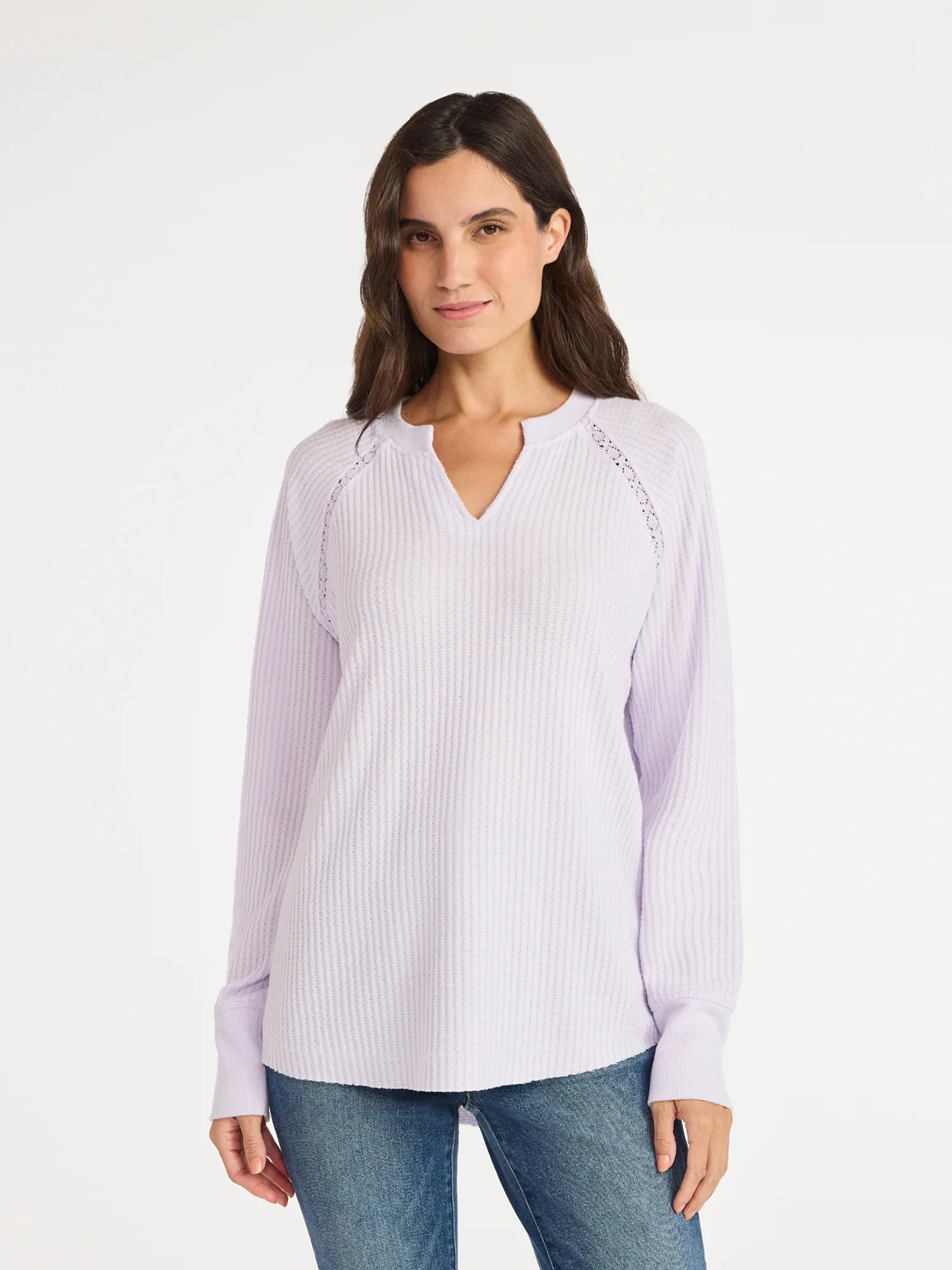 Time and Tru Women’s Notch Neck Waffle Top with Long Sleeves, Size XS-XXXL | Walmart (US)