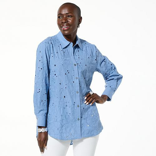 MarlaWynne WynneCollection Embroidered Button-Down Cotton Shirt - Green - Size Medium | HSN