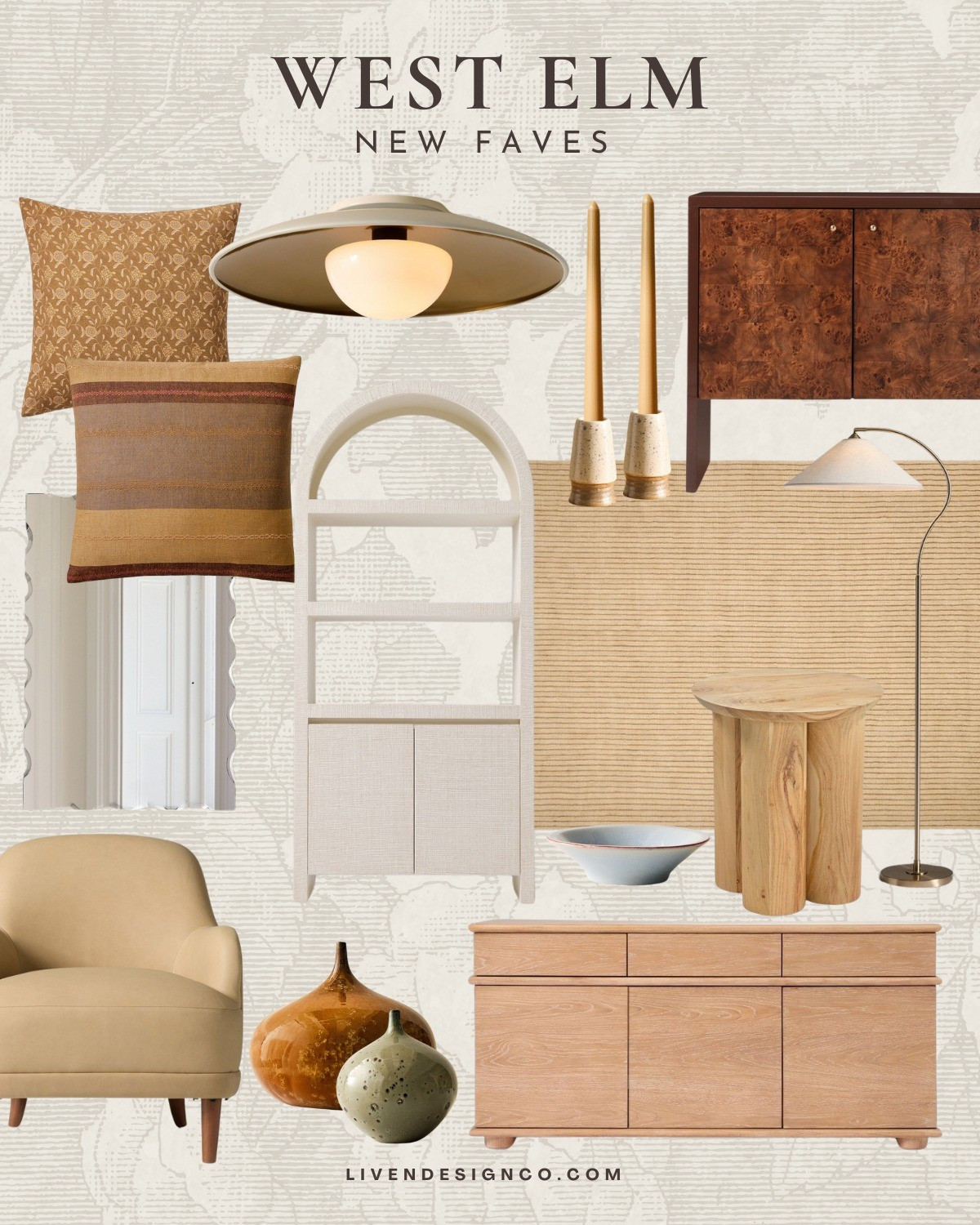 West Elm new arrivals. Living room. Leather chair. Sideboard. Jute rug. Burl wood cabinet. Arch cabinet. Ceramic glazed vases. Accent mirror. Flush mount. Catchall bowl dish. Floor lamp. Taper candles. Throw pillows. 

#LTKSeasonal #LTKHome #LTKSaleAlert