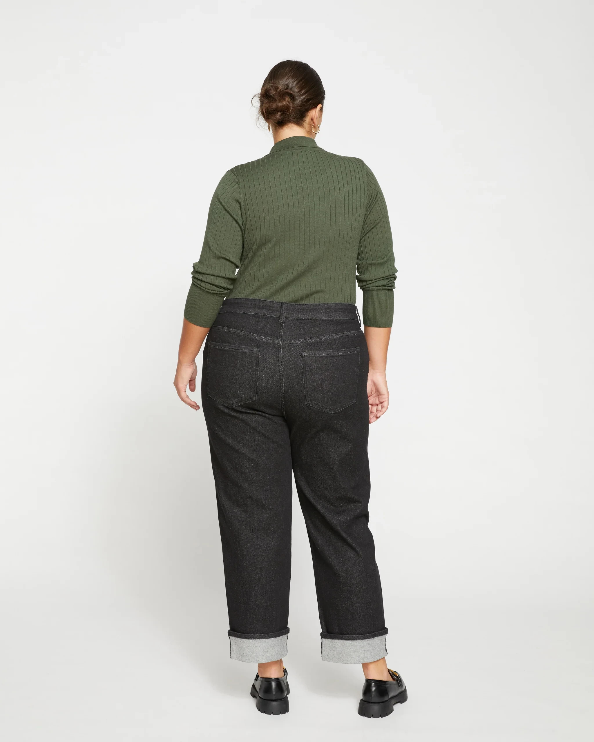 FIT LIBERTY ELIGIBLE Stevie High Rise Cuffed Straight Leg JeansBlack Selvedge$1284 interest-free ... | Universal Standard