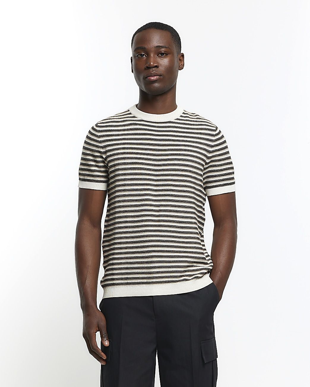 Brown slim fit stripe knitted t-shirt | River Island (UK & IE)